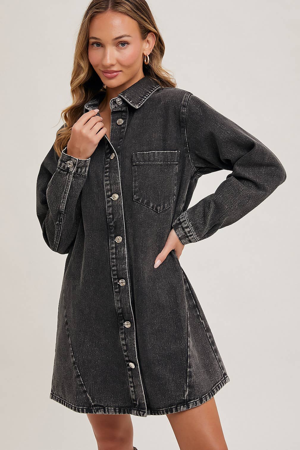 Bluivy - DENIM BUTTON DOWN SHIRT DRESS: WASHED BLUE