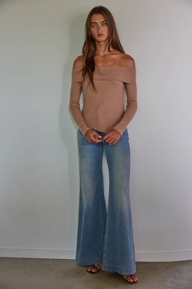 Knit Ribbed Fold Over Off The Shoulder Top: Light Brown
