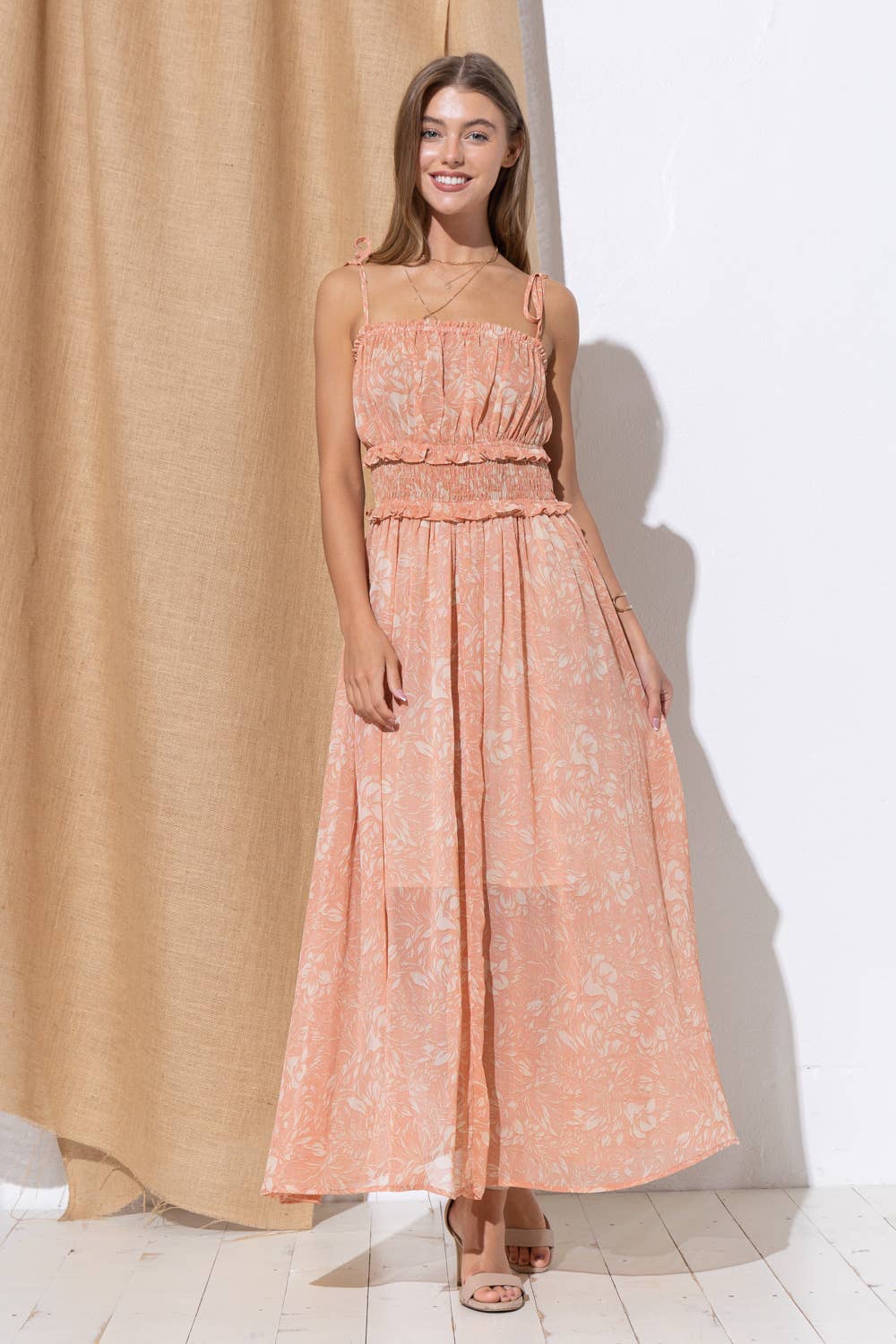 Blue B - 32048D - Chiffon Smocked Waist Ruffle Tie Shoulder Maxi: CANYON CLAY