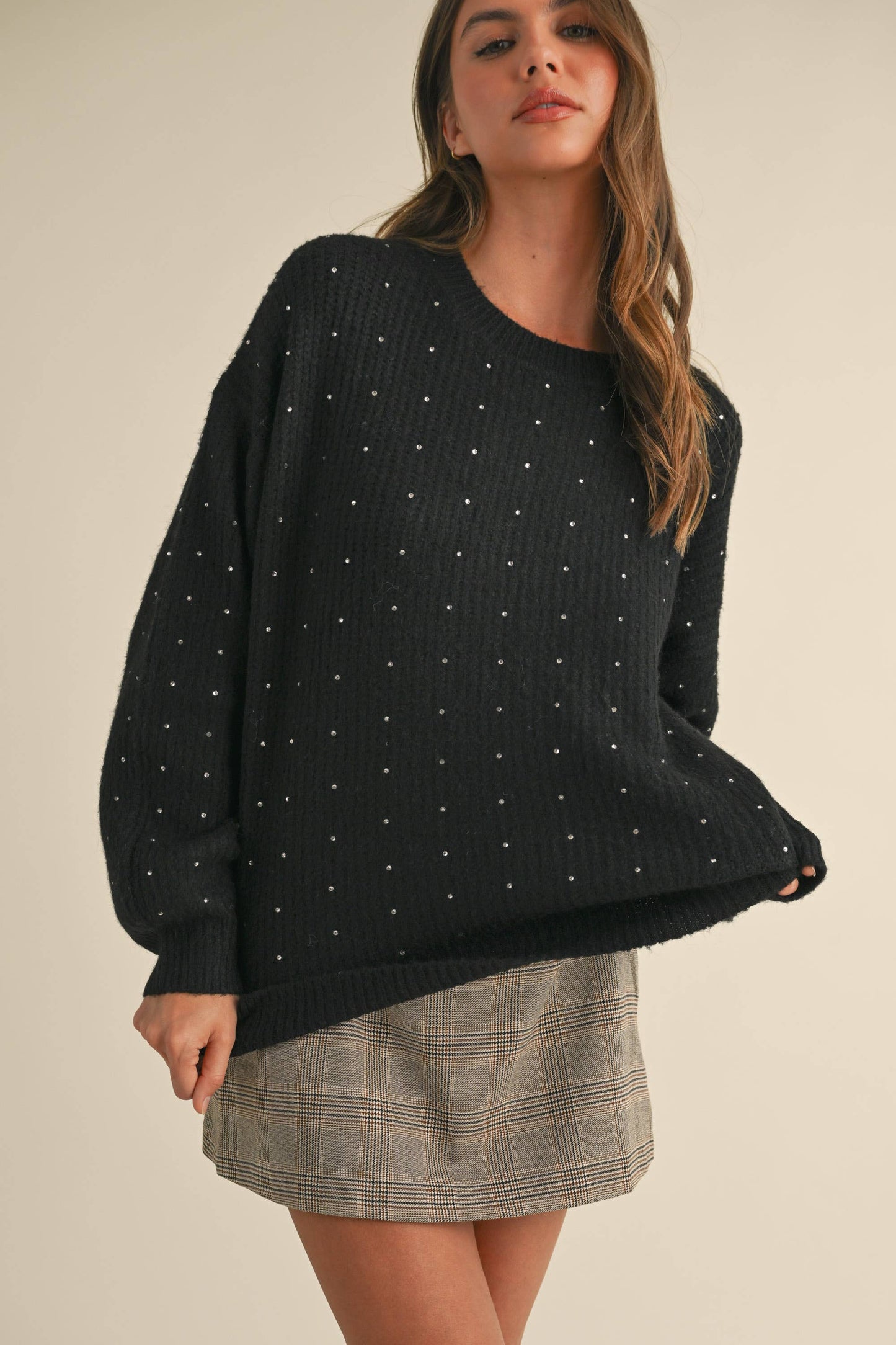 Klesis - IT4000 FUZZY SOFT RHINESTONE SWEATER KNIT TOP: Black / M