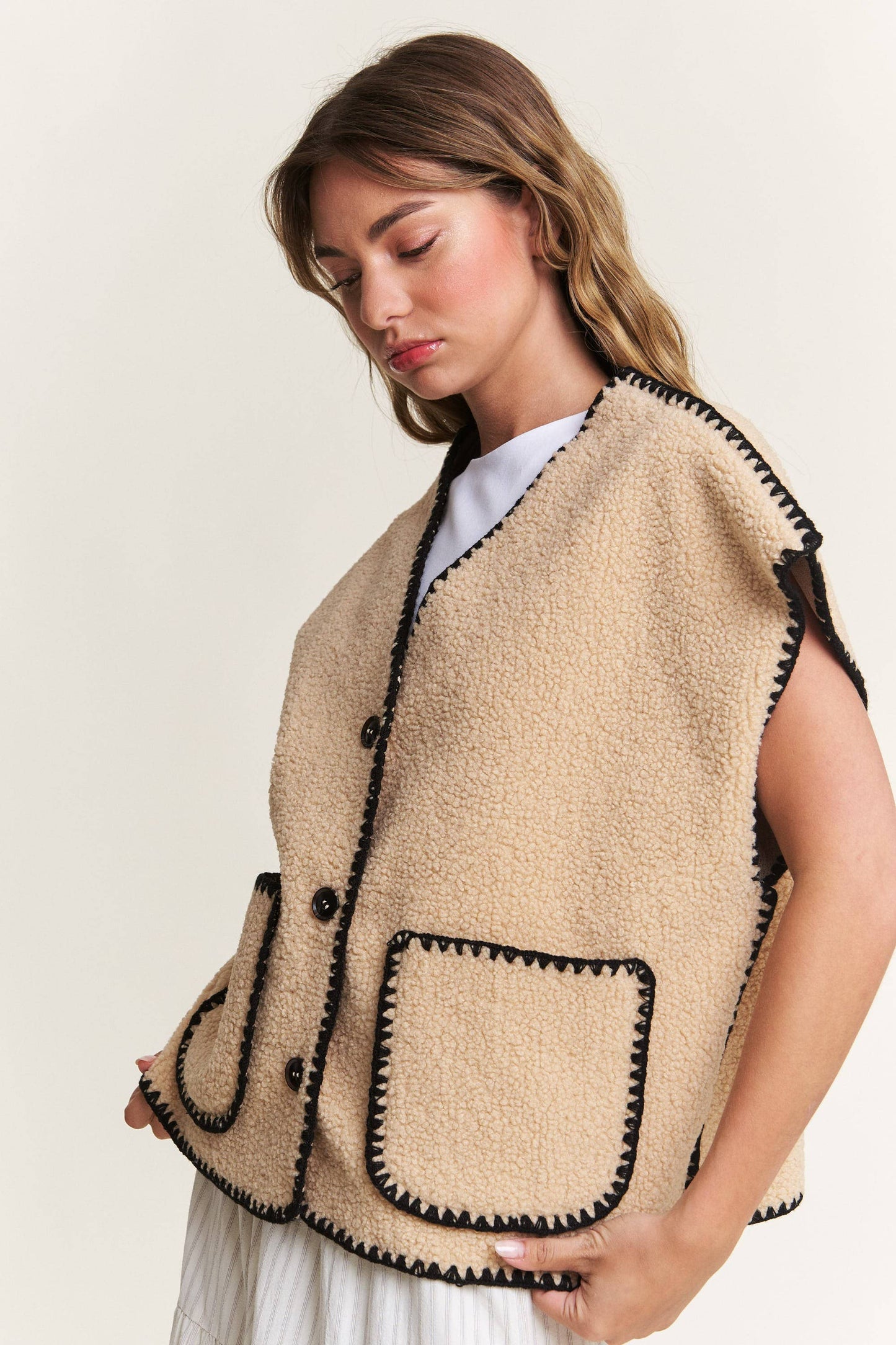 In the Beginning - Taupe Fuzzy Sherpa Vests Jacket: Taupe