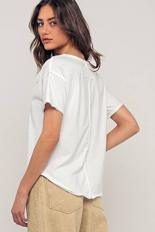 Vintage Washed Scoop Neck Exposed Stitch Detail Graphic Tee: WHITE