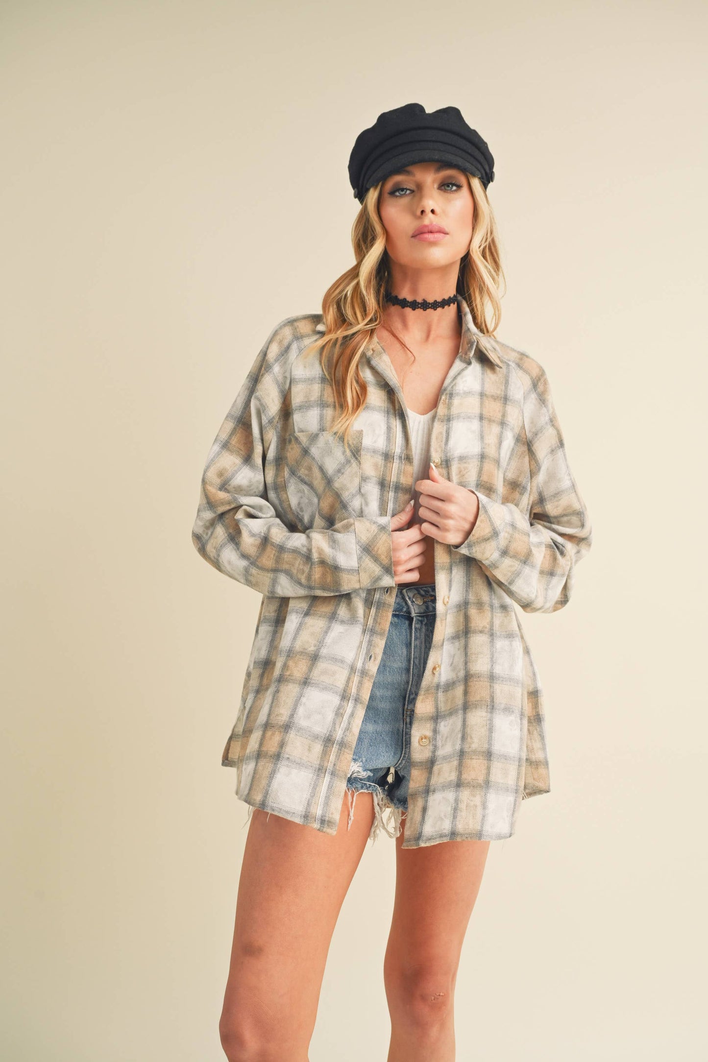 AEMI + CO - 8323DN Laura Plaid Washed Flannel Button Up: Contemporary / Oat