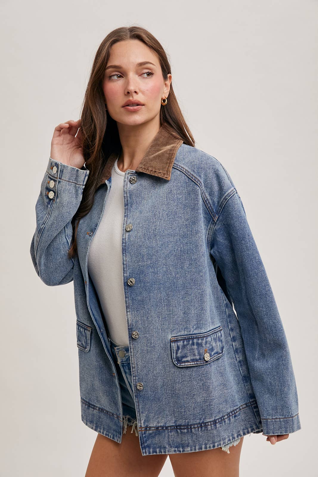 Bluivy - DENIM CORDUROY COLLAR CONTRAST BARN COAT: MED.WASH
