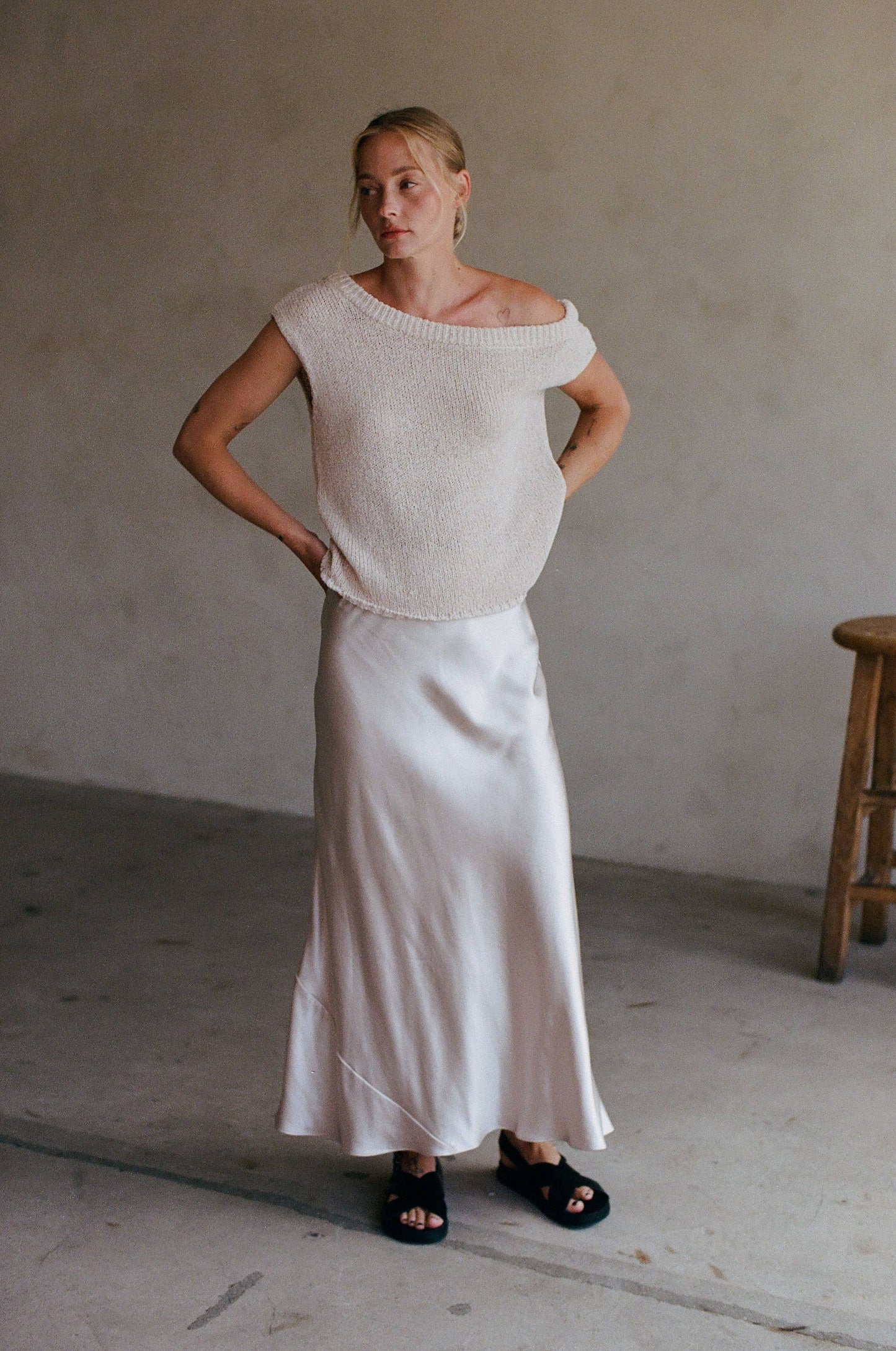 By Together - AW1051 | Knit Sweater One Side Off The Shoulder Top: Oatmeal