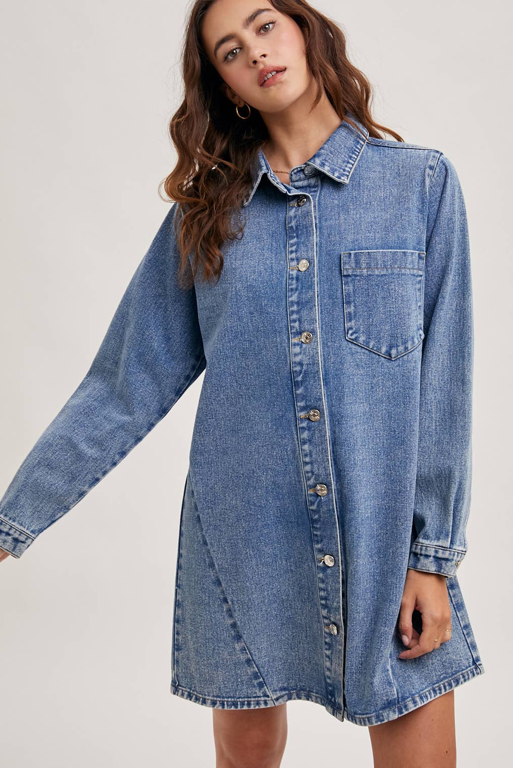 Bluivy - DENIM BUTTON DOWN SHIRT DRESS: WASHED BLUE