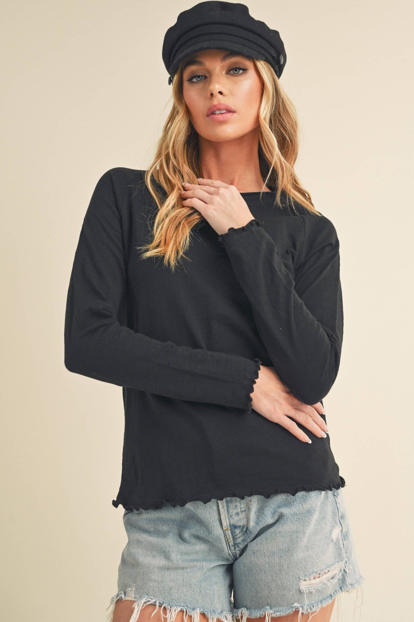AEMI + CO - 8288DN Gwen Baby Long Sleeve Top: Black / Contemporary