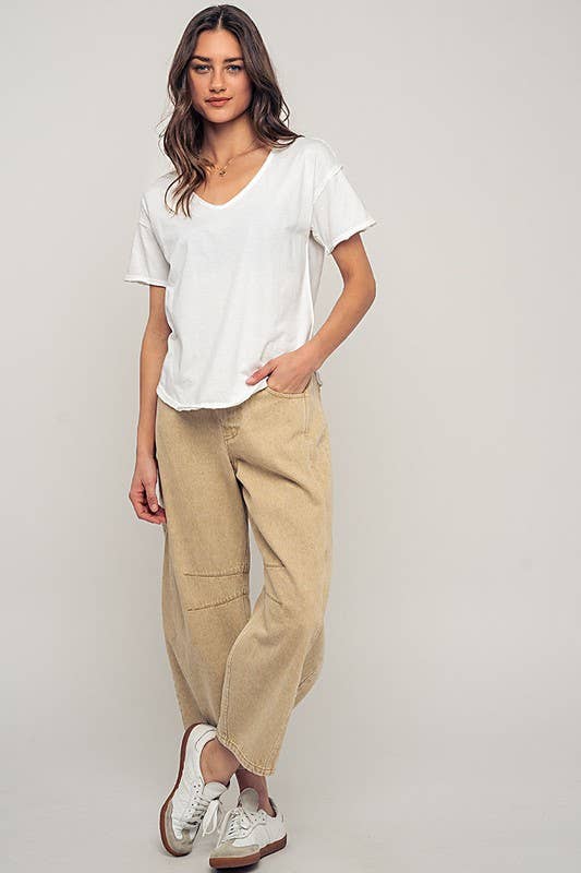 Vintage Washed Scoop Neck Exposed Stitch Detail Graphic Tee: WHITE