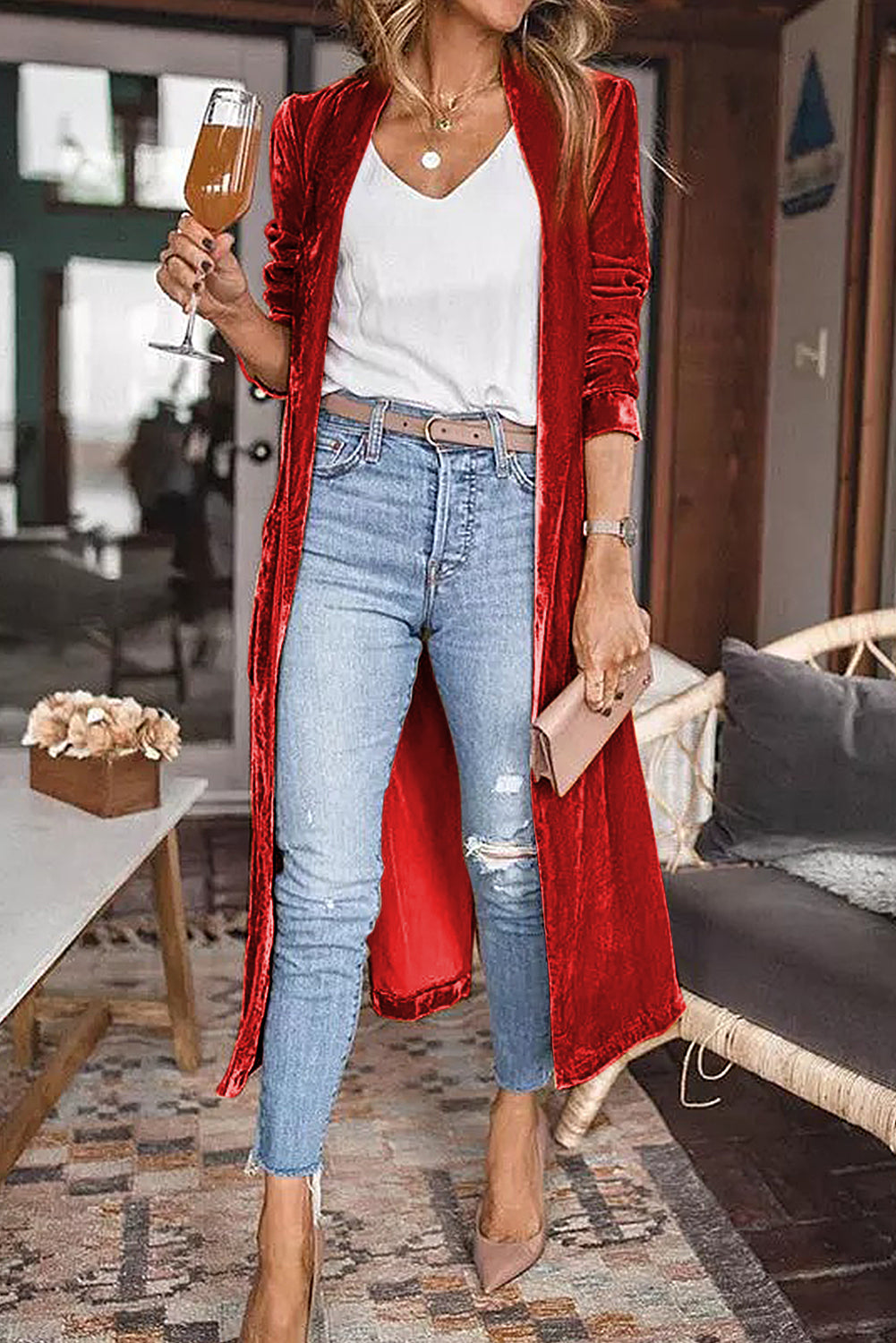 Velvet Open Front Pocketed Long Duster