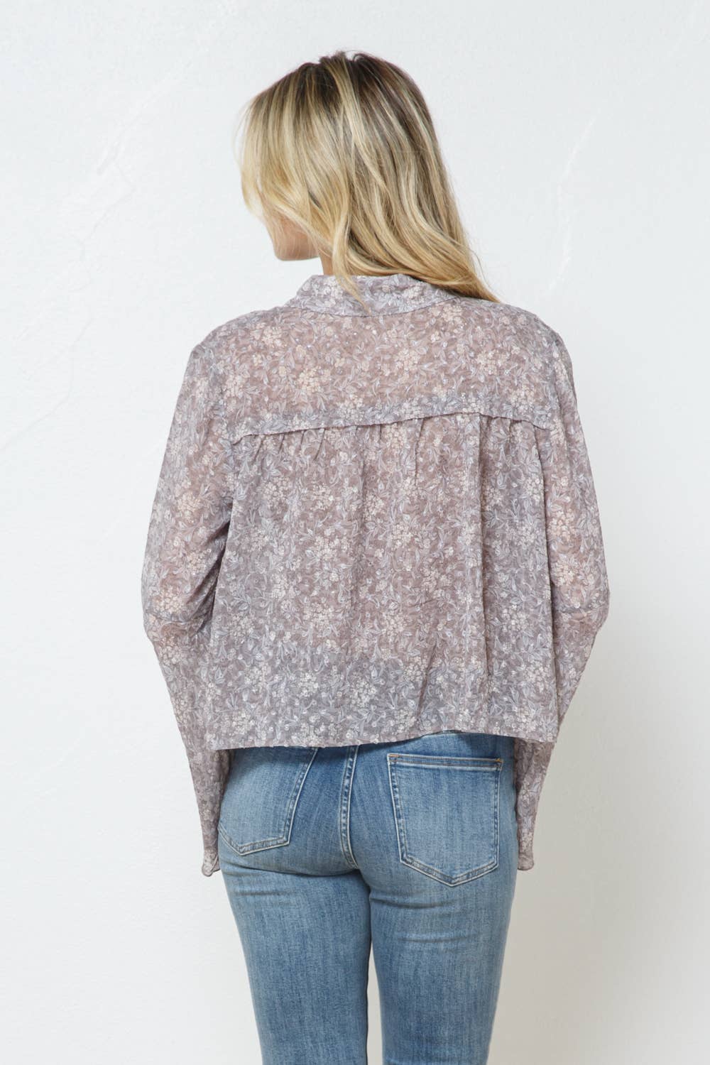 Blue B - 22079T - Chiffon Clip Dot Jacquard Button Bell Sleeve Blouse: GREY