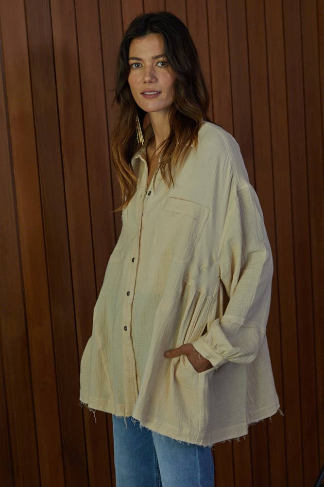 By Together - L5035 - Woven Cotton Gauze Oversized Shirt Tunic: Sand