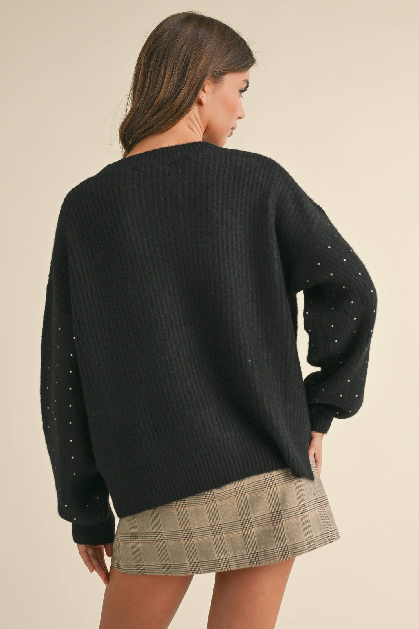 Klesis - IT4000 FUZZY SOFT RHINESTONE SWEATER KNIT TOP: Black / M