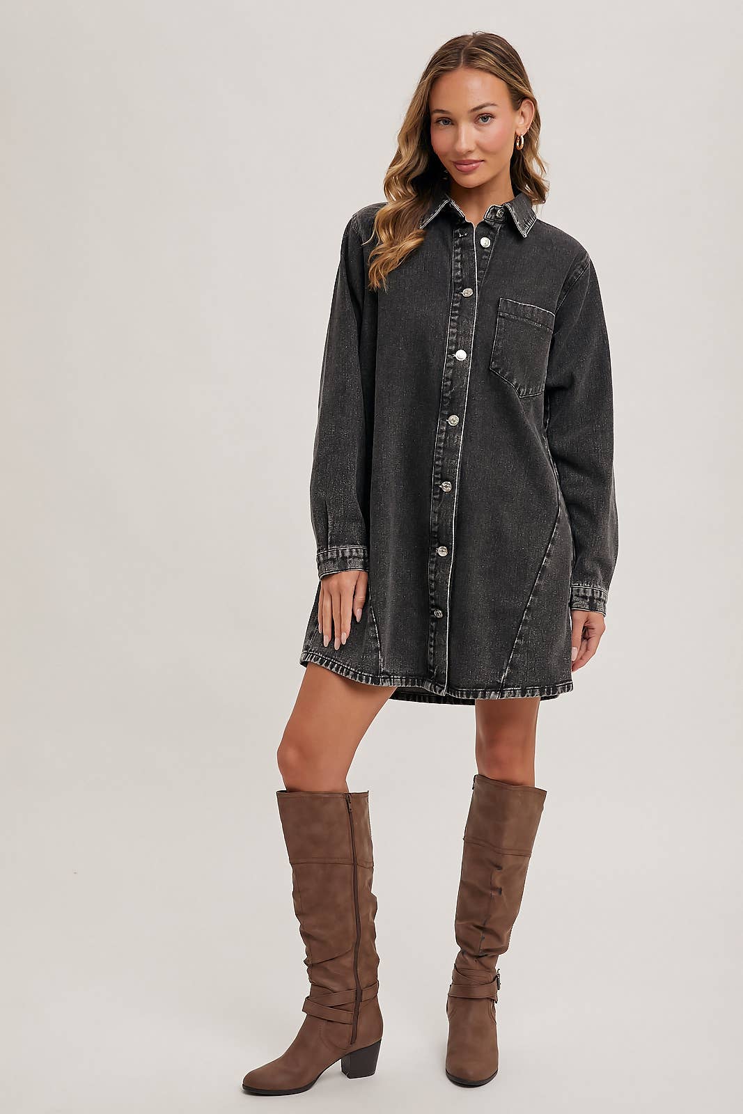 Bluivy - DENIM BUTTON DOWN SHIRT DRESS: WASHED BLUE