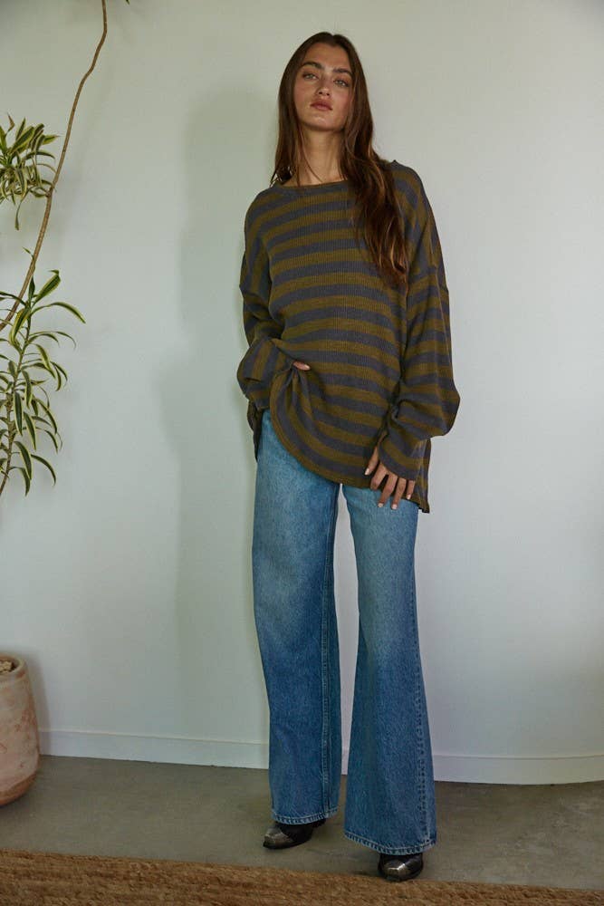 By Together - L7446 | Knit Ribbed Striped Long Sleeve Pullover Top: Olive Charcoal