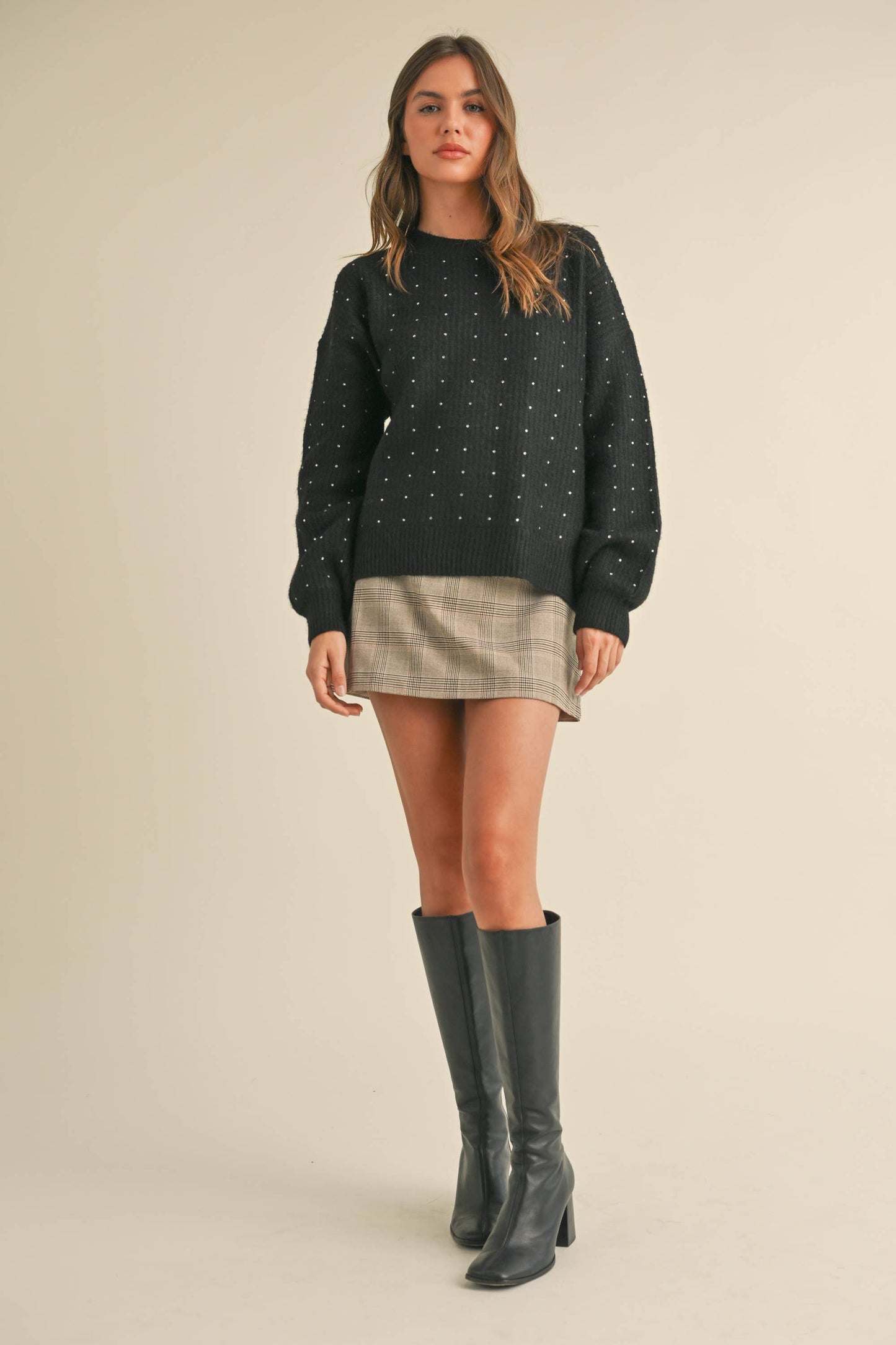 Klesis - IT4000 FUZZY SOFT RHINESTONE SWEATER KNIT TOP: Black / M