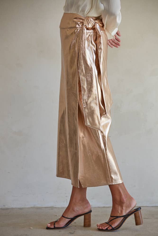 By Together - L7638 | Woven PU Tie Strap Detail Wrap Midi Skirt: Rose Gold