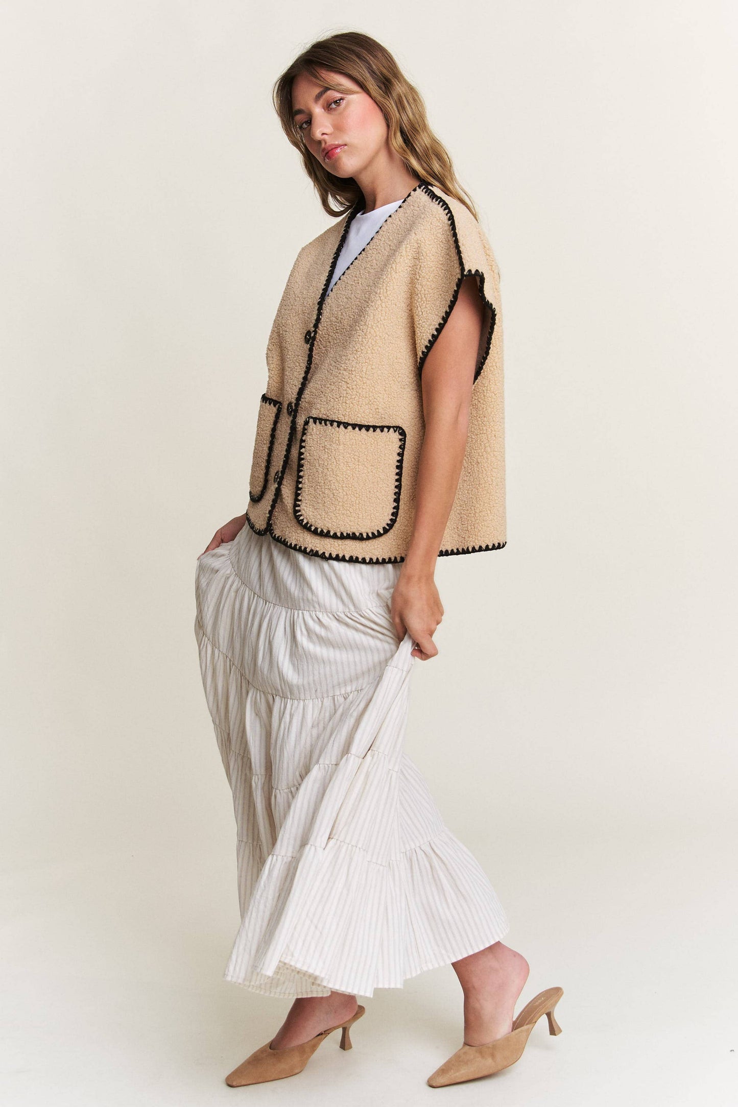 In the Beginning - Taupe Fuzzy Sherpa Vests Jacket: Taupe
