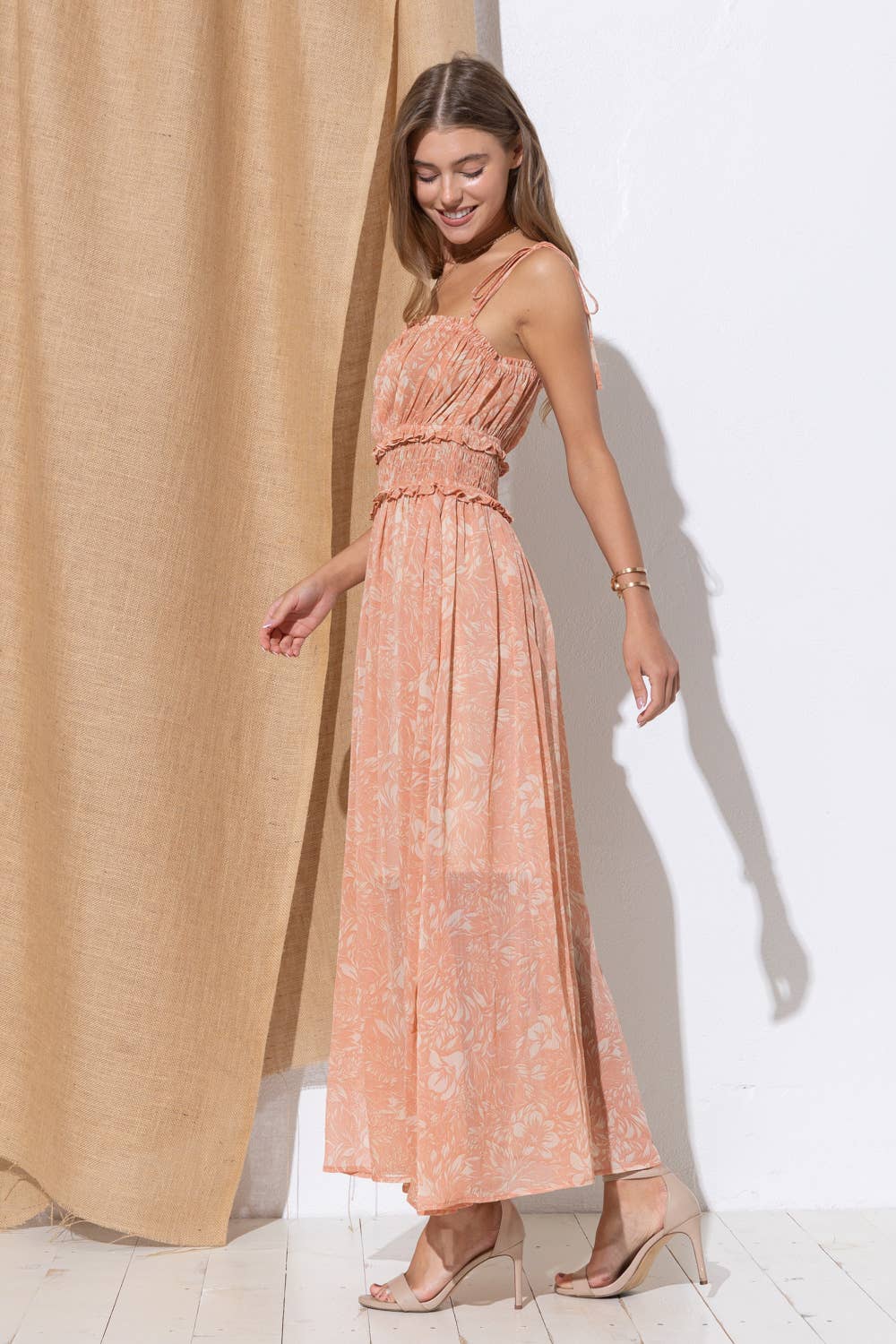 Blue B - 32048D - Chiffon Smocked Waist Ruffle Tie Shoulder Maxi: CANYON CLAY