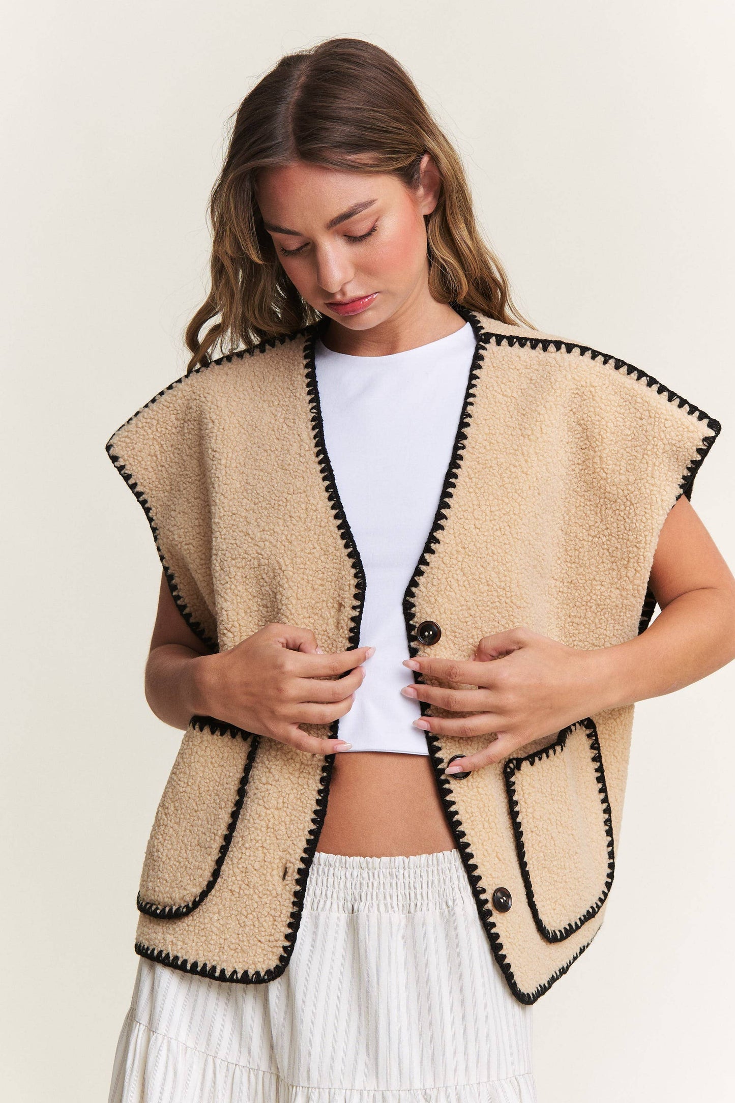 In the Beginning - Taupe Fuzzy Sherpa Vests Jacket: Taupe