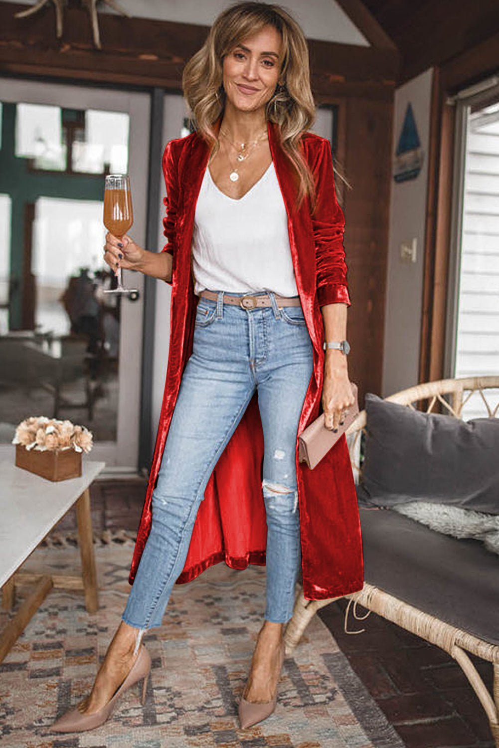 Velvet Open Front Pocketed Long Duster