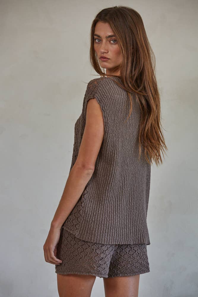 By Together - W1883 | Knit Sweater Cotton Buttondown V-Neck Sleeveless See: Chocolate