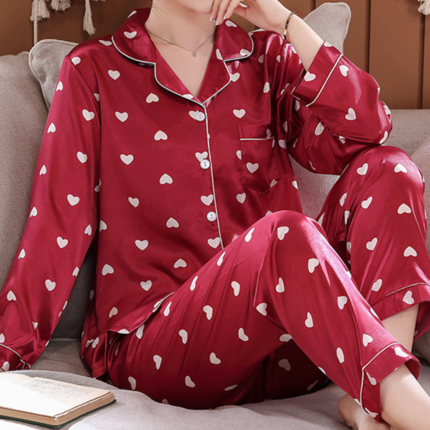 DrifWoo - Romantic Red Heart Satin Pajamas Women Set Gift for Her