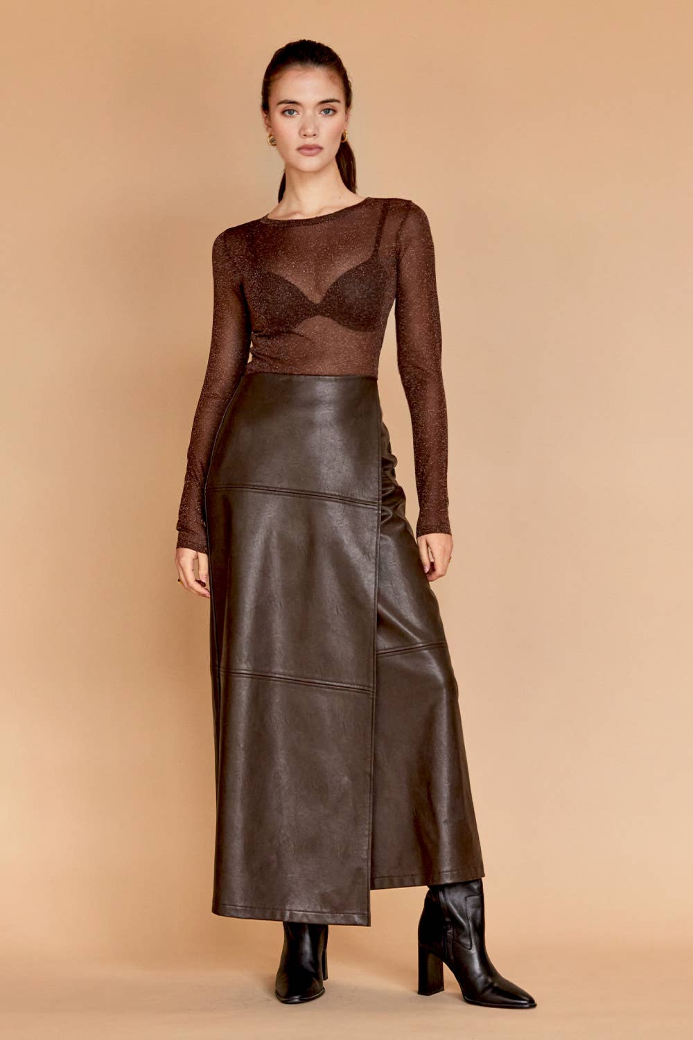 Crescent - CT9317 - Eliana Lurex Sheer Top: ESPRESSO / M