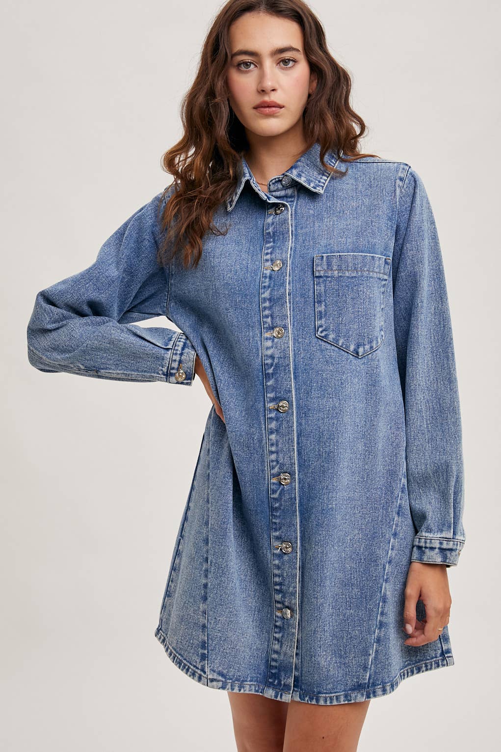 Bluivy - DENIM BUTTON DOWN SHIRT DRESS: WASHED BLUE