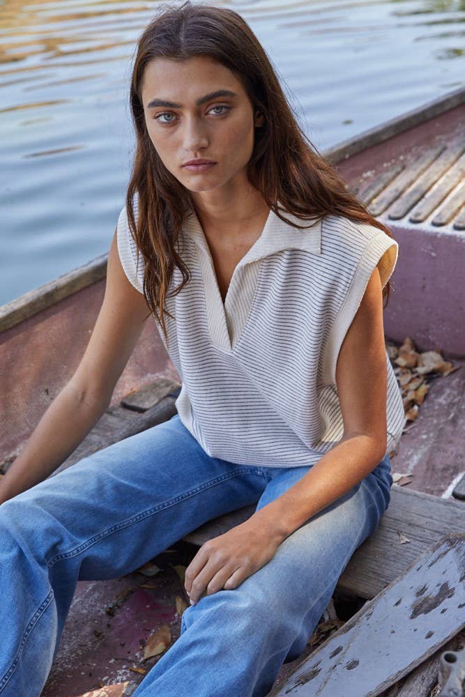 RJ2865 | Knit Striped Collar Neck Sleeveless Vest Top: Natural Black