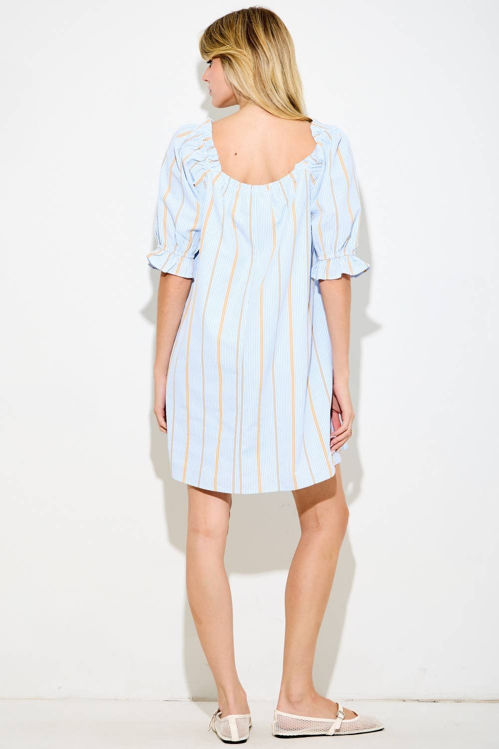 STRIPED SQUARE NECK PUFF SLEEVE MINI DRESS: BLUE