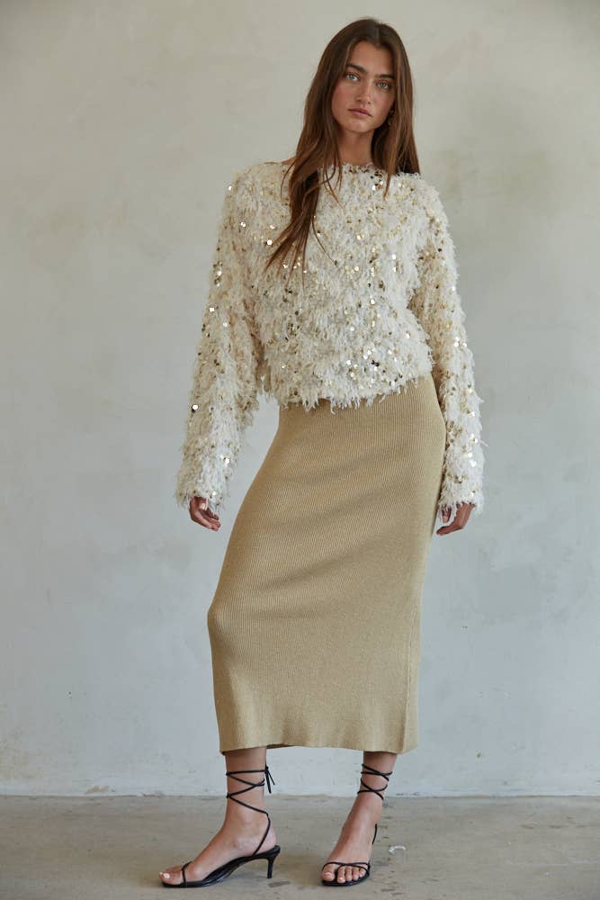 By Together - L7324 | Sequin Round Neck Long Sleeve Pullover Top: Natural