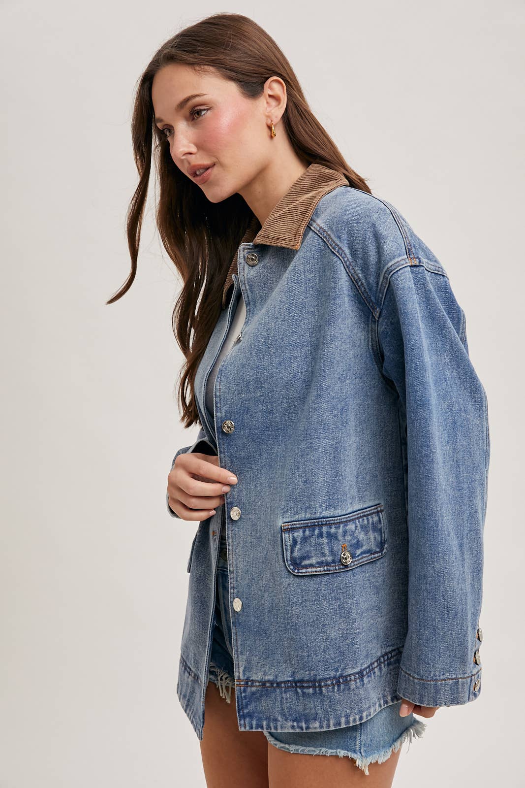 Bluivy - DENIM CORDUROY COLLAR CONTRAST BARN COAT: MED.WASH