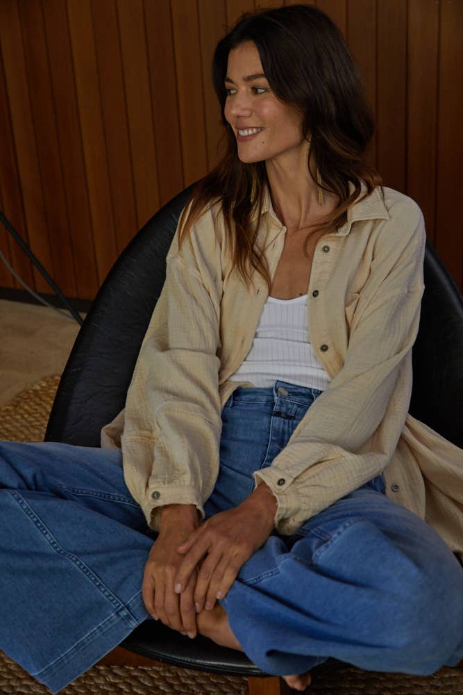 By Together - L5035 - Woven Cotton Gauze Oversized Shirt Tunic: Sand