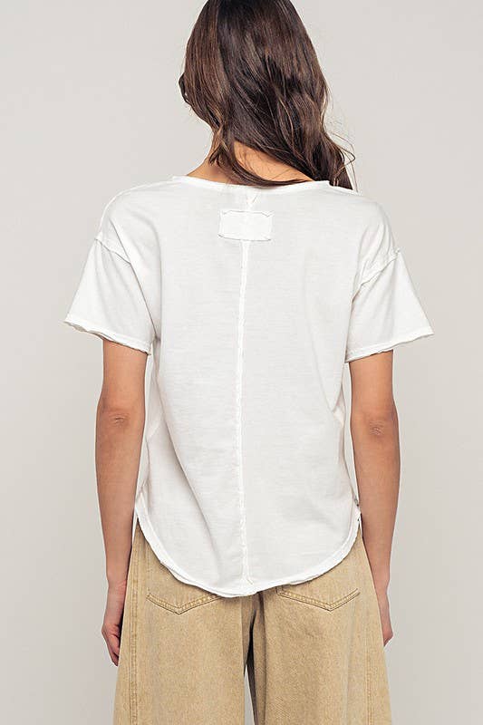 Vintage Washed Scoop Neck Exposed Stitch Detail Graphic Tee: WHITE