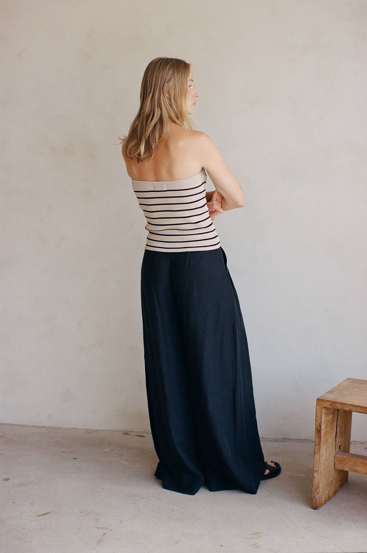 a.ren - AW1035 | Knit Sweater Ribbed Striped Strapless Top: Taupe Black