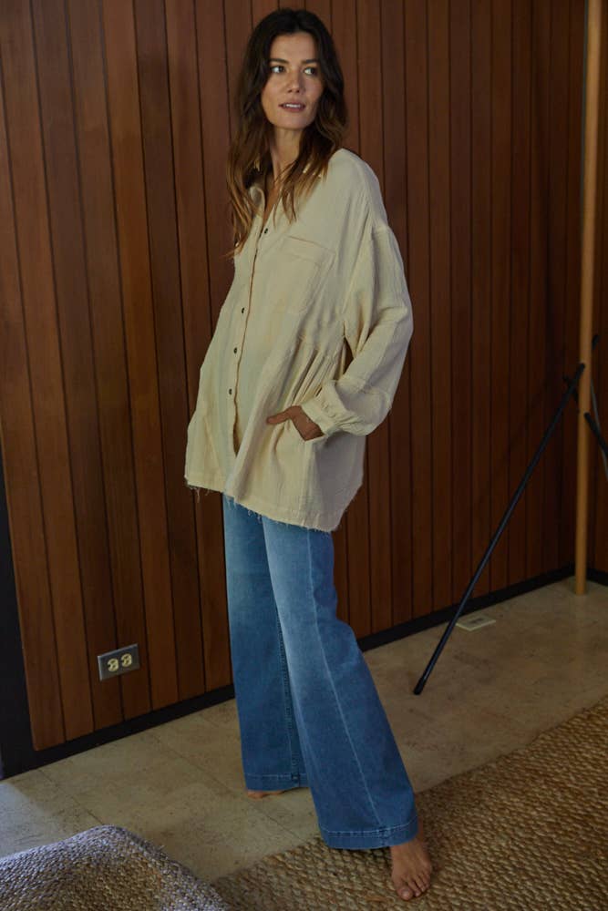 By Together - L5035 - Woven Cotton Gauze Oversized Shirt Tunic: Sand