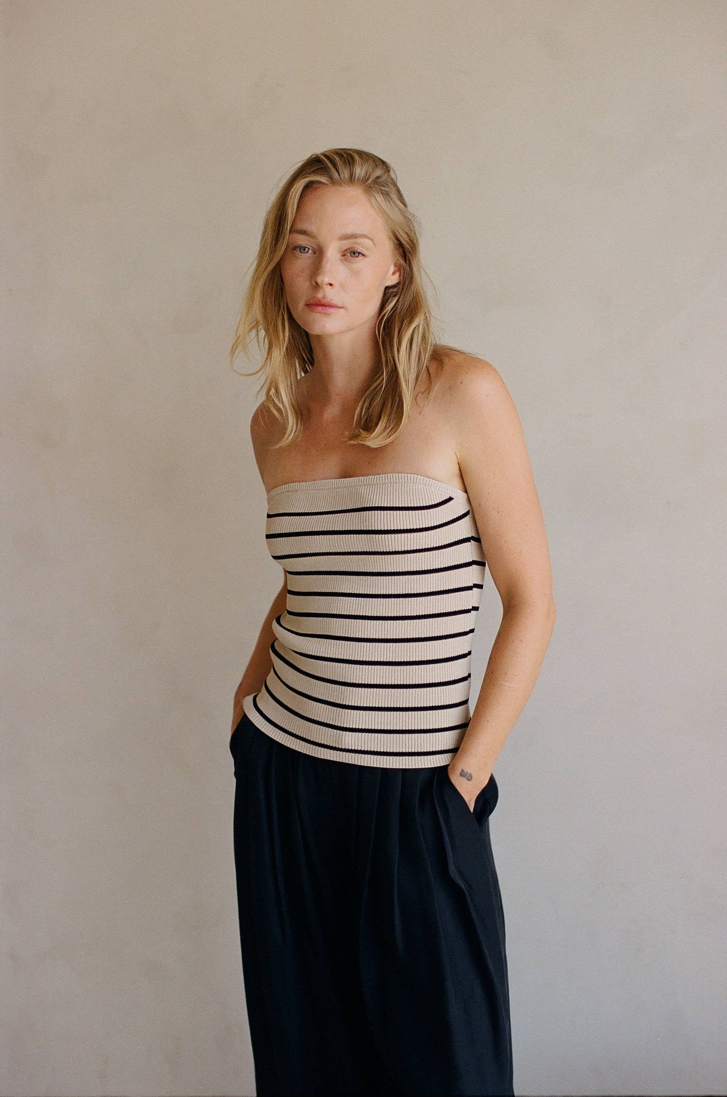 a.ren - AW1035 | Knit Sweater Ribbed Striped Strapless Top: Taupe Black