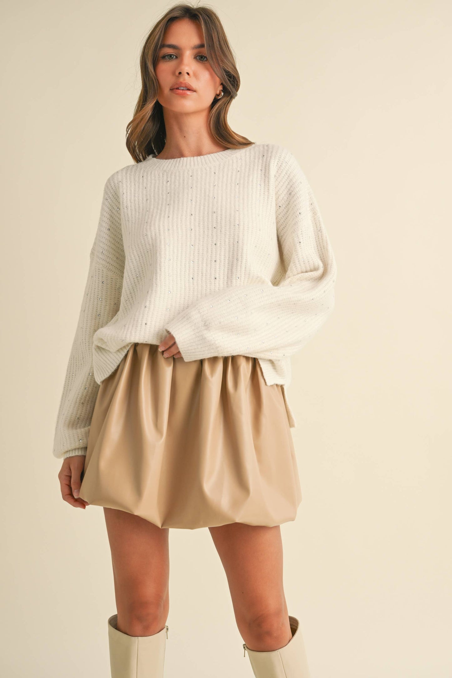 Klesis - IT4000 FUZZY SOFT RHINESTONE SWEATER KNIT TOP: Black / M