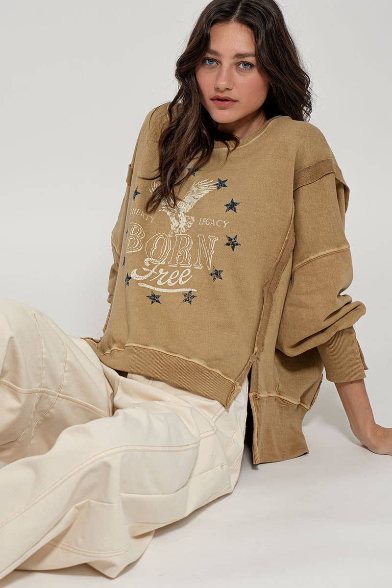 Born Free Eagle Stars Western Oversized Crewneck Sweatshirt: MISTED YELLOW