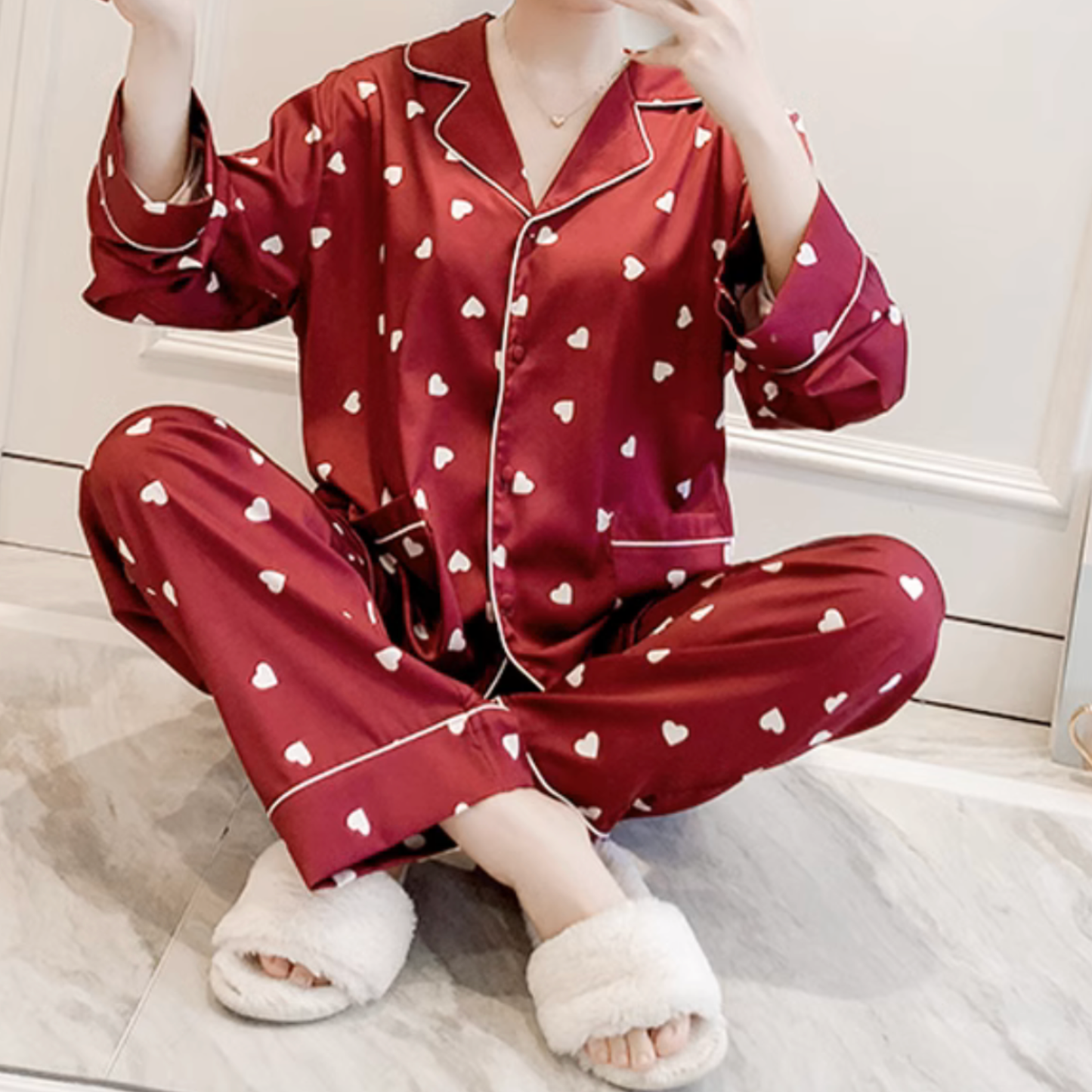 DrifWoo - Romantic Red Heart Satin Pajamas Women Set Gift for Her