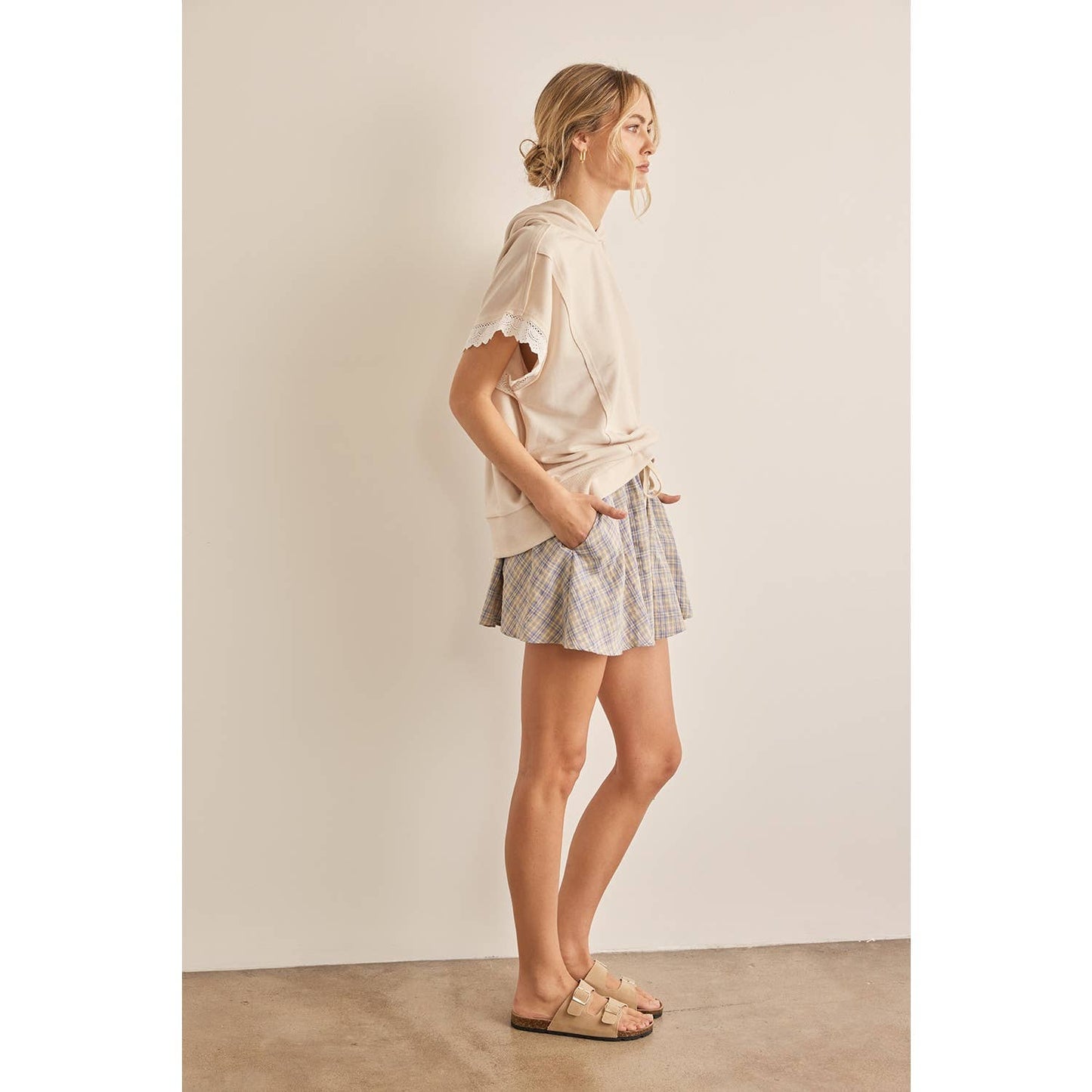 in february - CHECK PATTERN FLOWY CASUAL SHORTS: TAUPE/BLUE