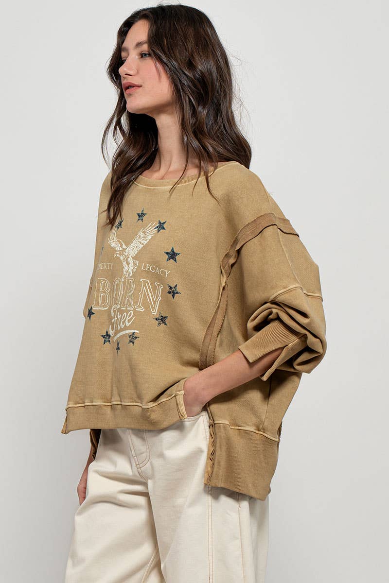 Born Free Eagle Stars Western Oversized Crewneck Sweatshirt: MISTED YELLOW
