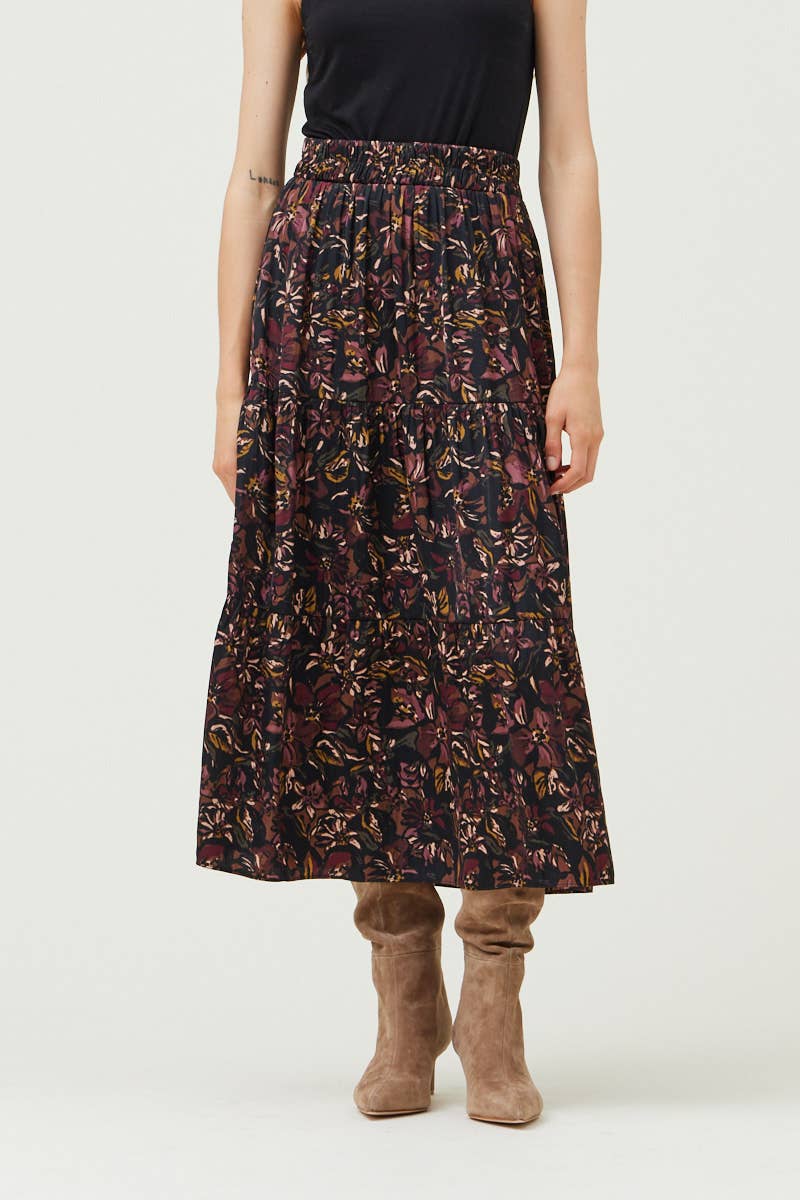 Grade & Gather - 50410VG - TIERED PRINTED CHIFFON SKIRT: Black / Contemporary