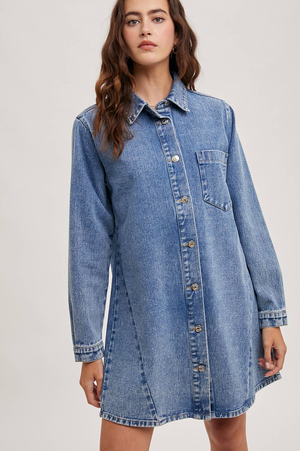 Bluivy - DENIM BUTTON DOWN SHIRT DRESS: WASHED BLUE