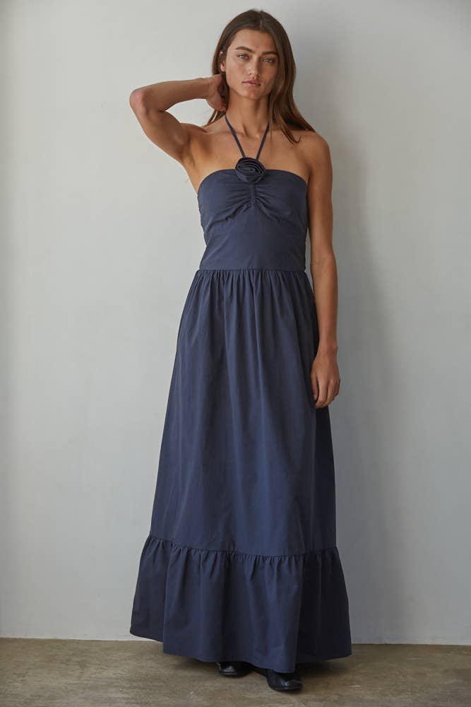 L8437 | Woven Cotton Spaghetti Halter Neck Flare Maxi Dress : Chocolate