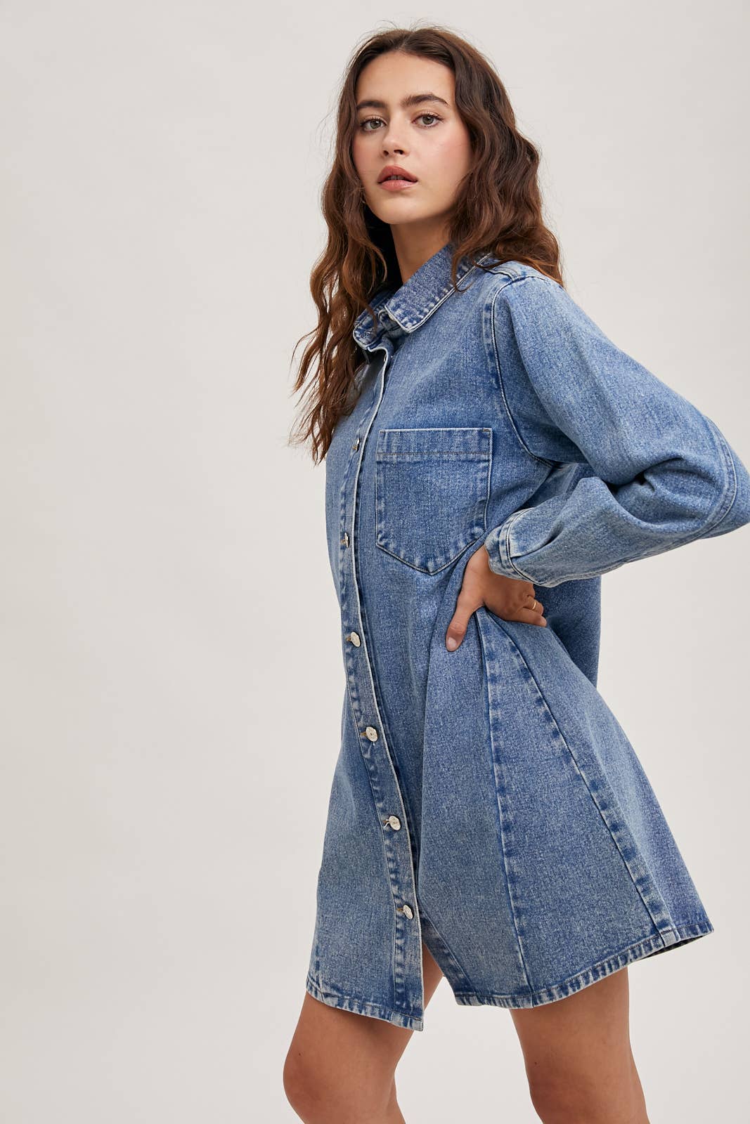 Bluivy - DENIM BUTTON DOWN SHIRT DRESS: WASHED BLUE