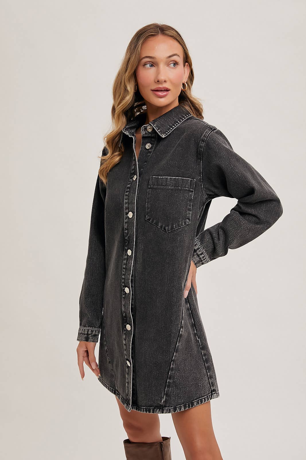 Bluivy - DENIM BUTTON DOWN SHIRT DRESS: WASHED BLUE