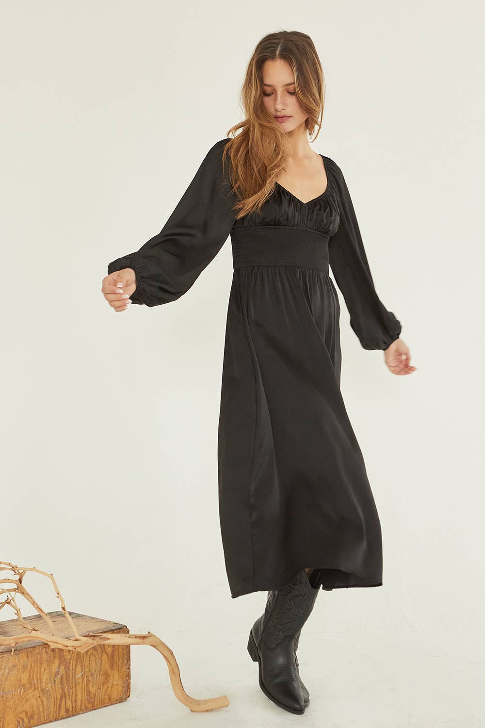 Crescent - CD8131 - Nubia Satin Midi Dress: BLACK