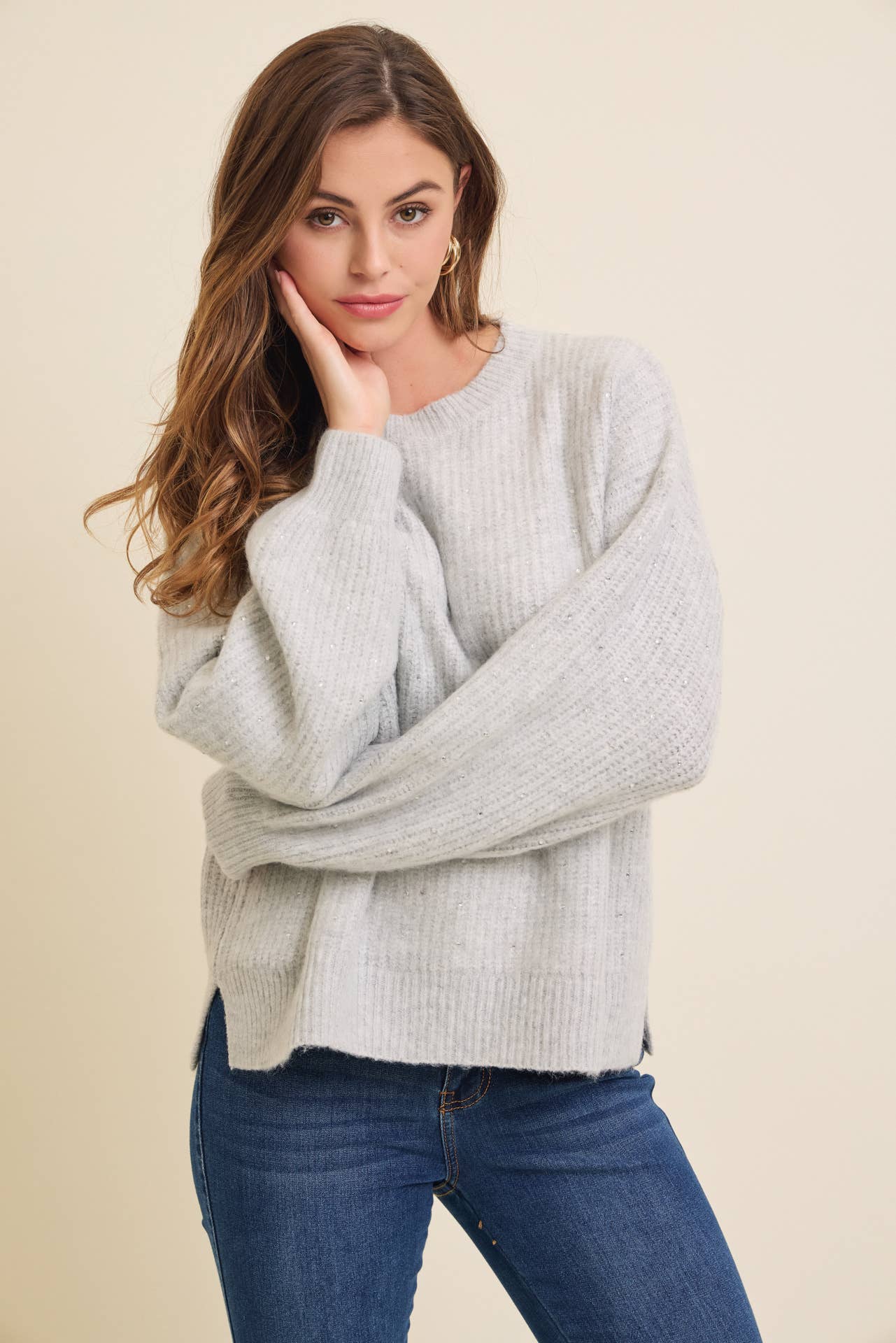 Klesis - IT4000 FUZZY SOFT RHINESTONE SWEATER KNIT TOP: Black / M