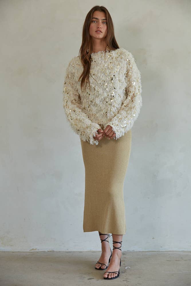 By Together - L7324 | Sequin Round Neck Long Sleeve Pullover Top: Natural